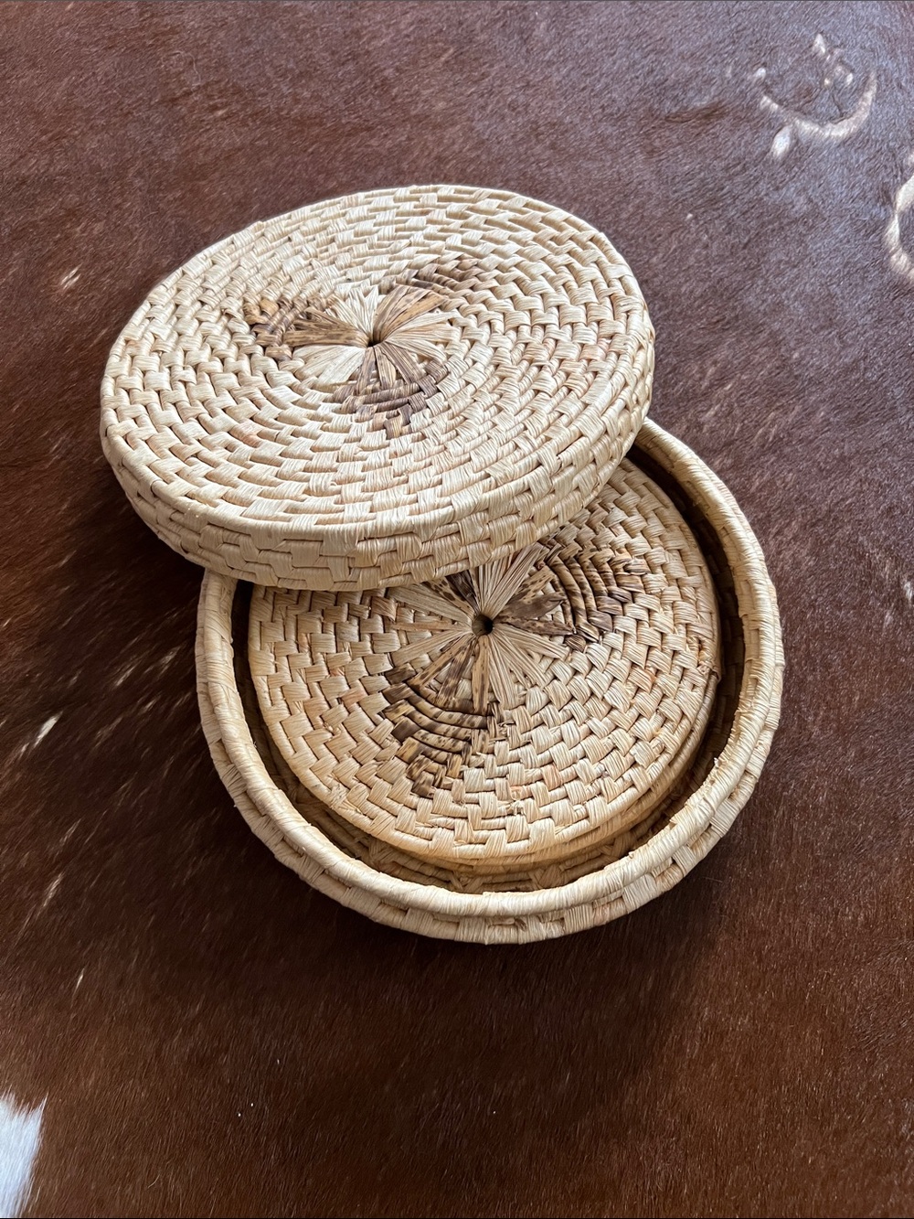 Wicker Rattan Set of Four Pot Coasters with Caddy